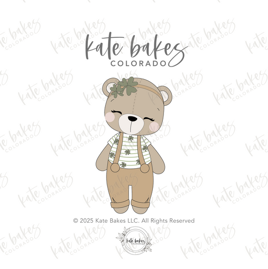 Full Body Bear with Overalls and Shamrock Headband Cookie Cutter