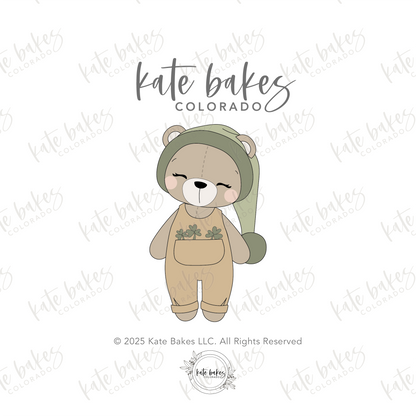 Full Body Bear with Floppy Hat and Shamrock Overalls Cookie Cutter