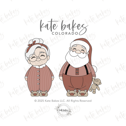 Illustration of Santa and Mrs. Claus in red pajamas and reindeer slippers, with Santa holding a teddy bear.